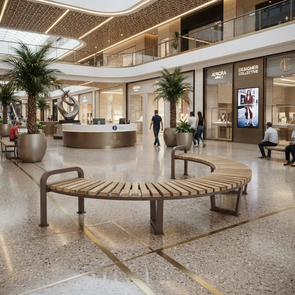 A modern curved wooden bench with dark metal frames sits in a spacious, upscale shopping mall atrium with terrazzo floors, potted palm trees, and boutique storefronts in the background.