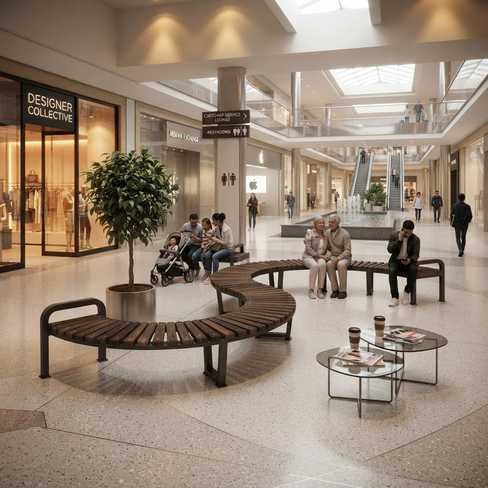 A modern curved wooden bench with dark metal armrests in a spacious, upscale shopping mall atrium. Several people are seated on the bench and nearby round tables, with other shoppers and storefronts visible in the background.