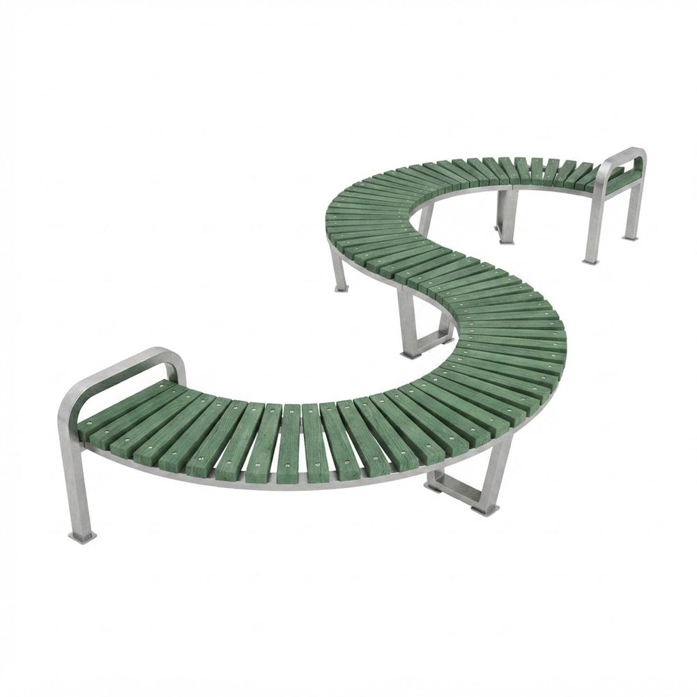 A curved outdoor bench with green slatted seating and a silver metal frame, shown on a plain white background.