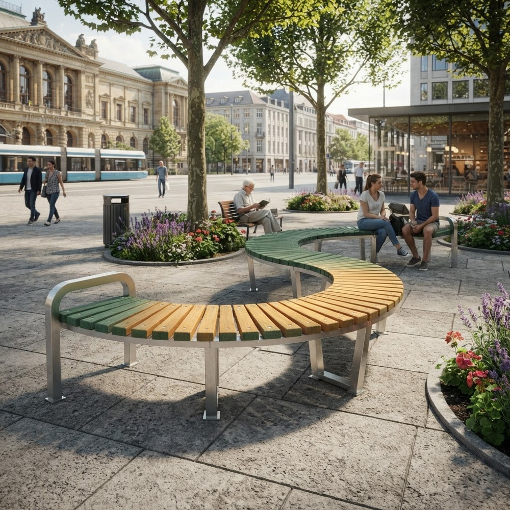 A curved outdoor bench with a green and light wood slatted seat and silver metal frame, placed in a paved public square with trees, flowers, and people sitting nearby.