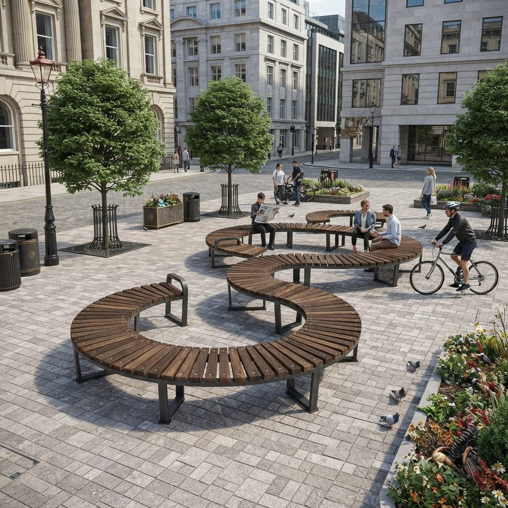 Curved wooden public benches arranged in a circular layout in a paved urban plaza, with people sitting, walking, and cycling nearby. Trees, street lamps, trash bins, and stone buildings are visible in the background.