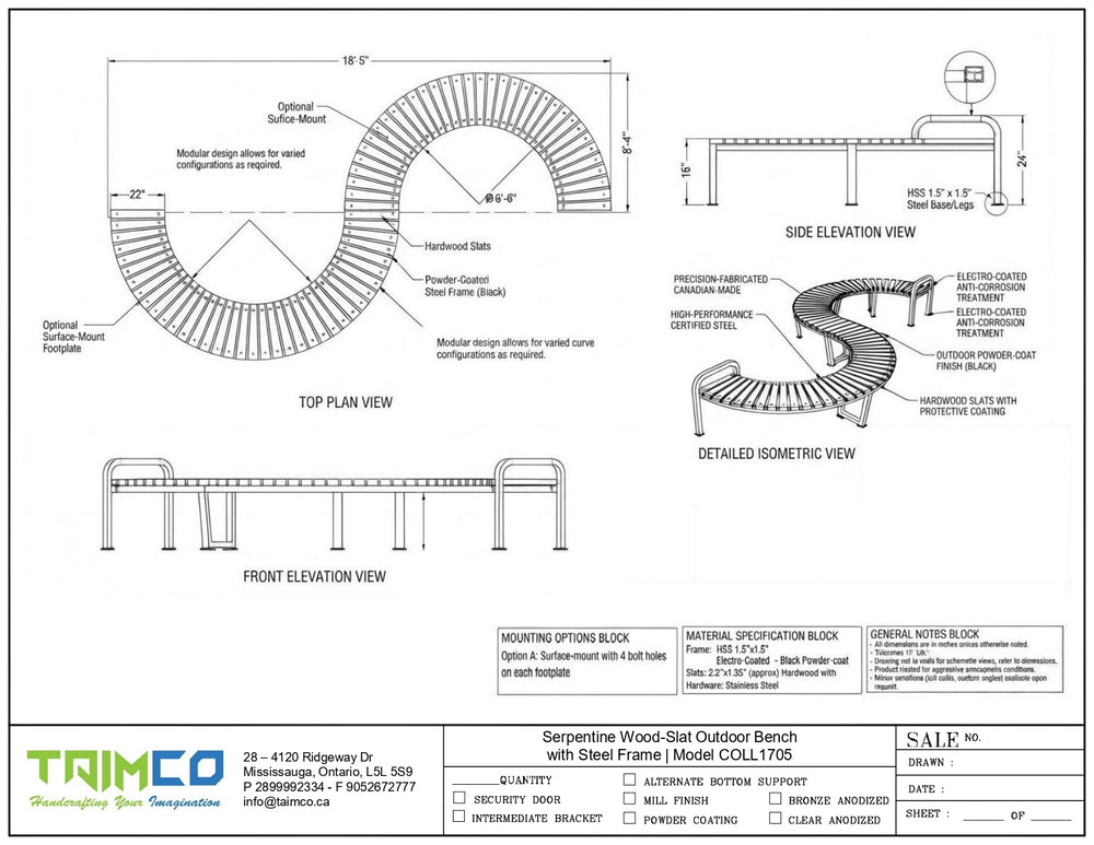 Architectural blueprint drawing of a serpentine wood-climber outdoor bench by Taimco, showing top plan, side elevation, front elevation, and detailed isometric views with dimensions and notes.