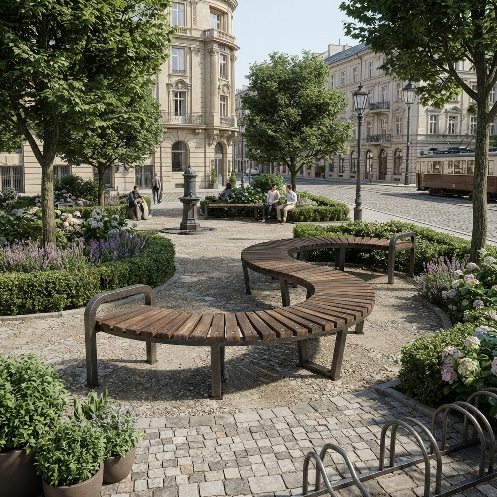 Curved wooden park benches with dark metal frames in a landscaped urban plaza with trees, flower beds, historic buildings, and a tram in the background.