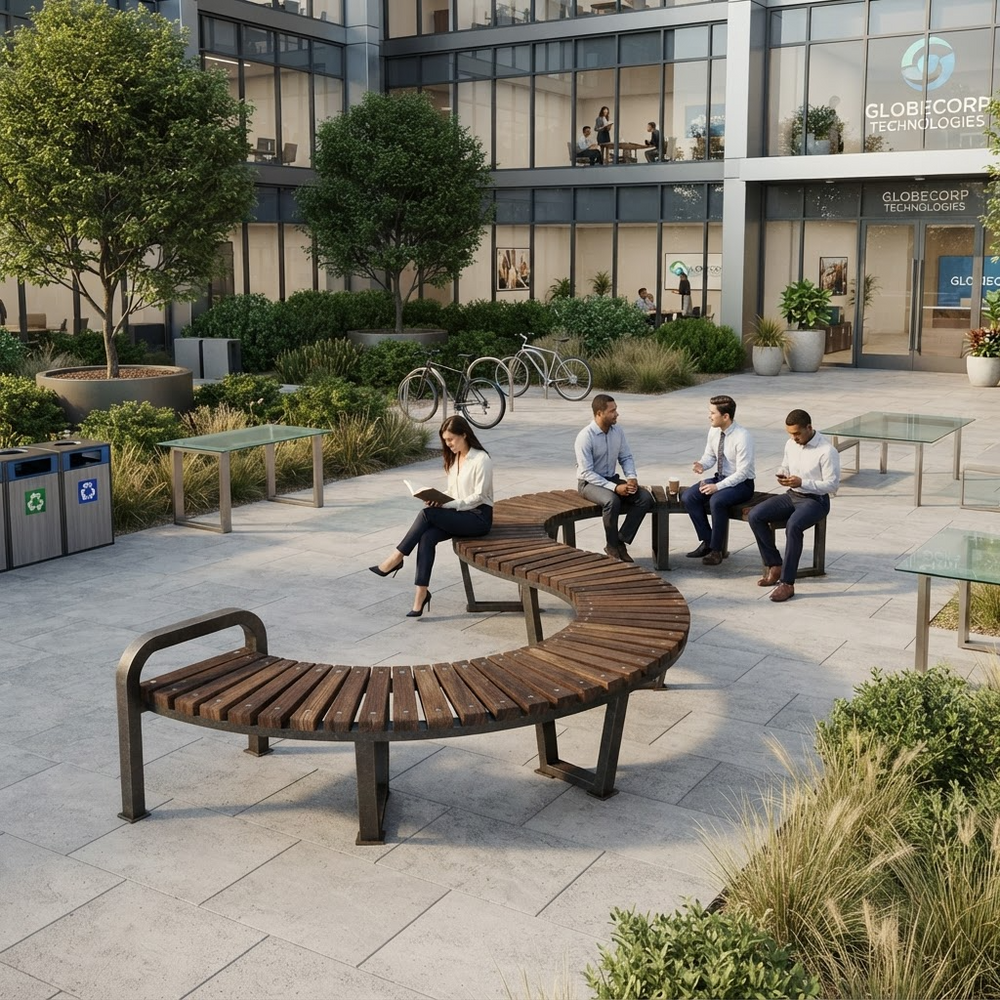 A curved wooden outdoor bench in a modern courtyard setting, with several people sitting on it and tables nearby. The scene is set in front of a glass office building with GlobCorp Technology signage visible.