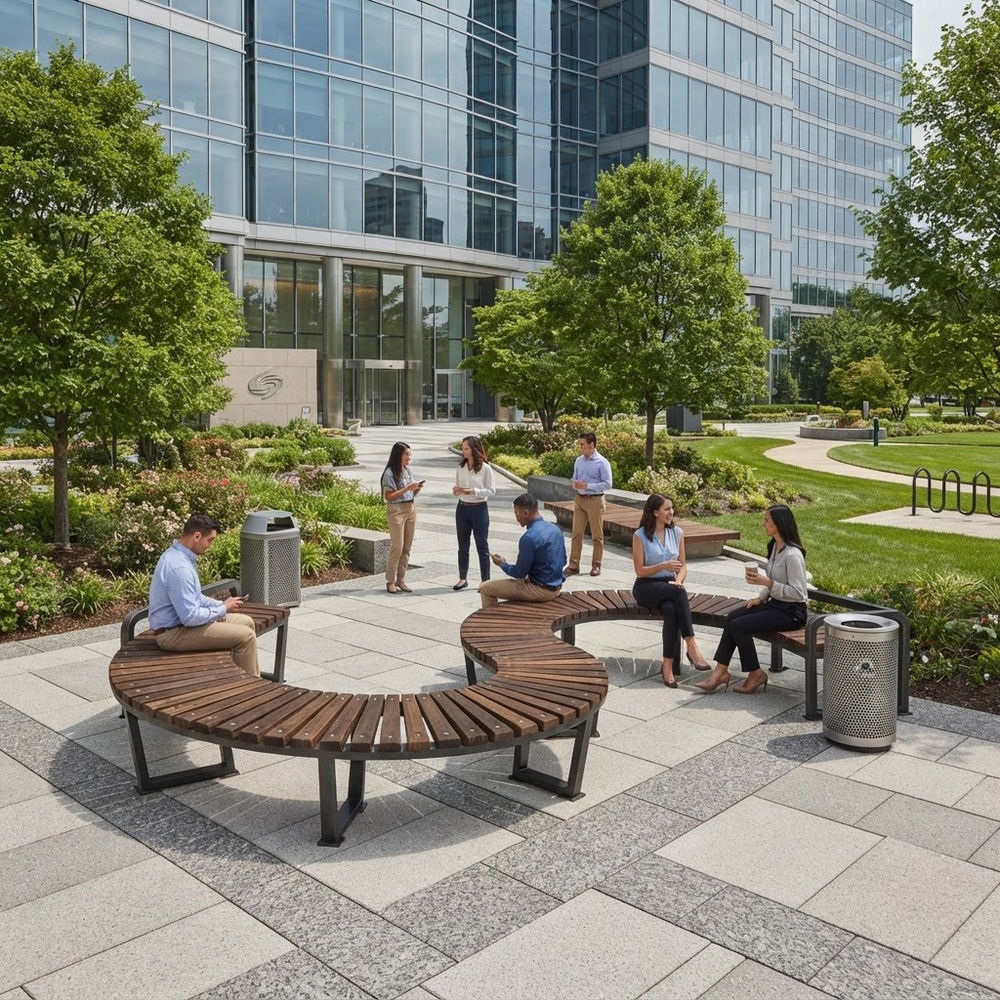 Outdoor curved wooden park benches with metal frames on a paved plaza, with several people sitting and standing nearby in a landscaped urban setting with trees and a modern glass office building in the background.