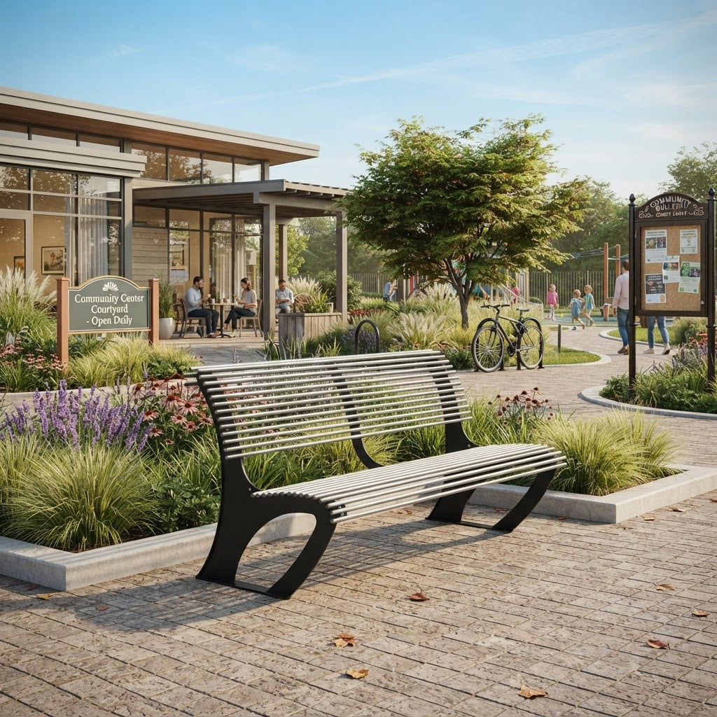 Modern Steel Outdoor Bench with Curved Side Panels | Model COLL1706
