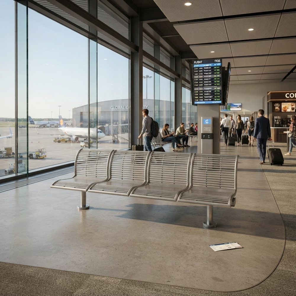 A modern three-seat metal bench with a slatted design sits in an airport terminal near large windows, with passengers walking and airplanes visible outside.