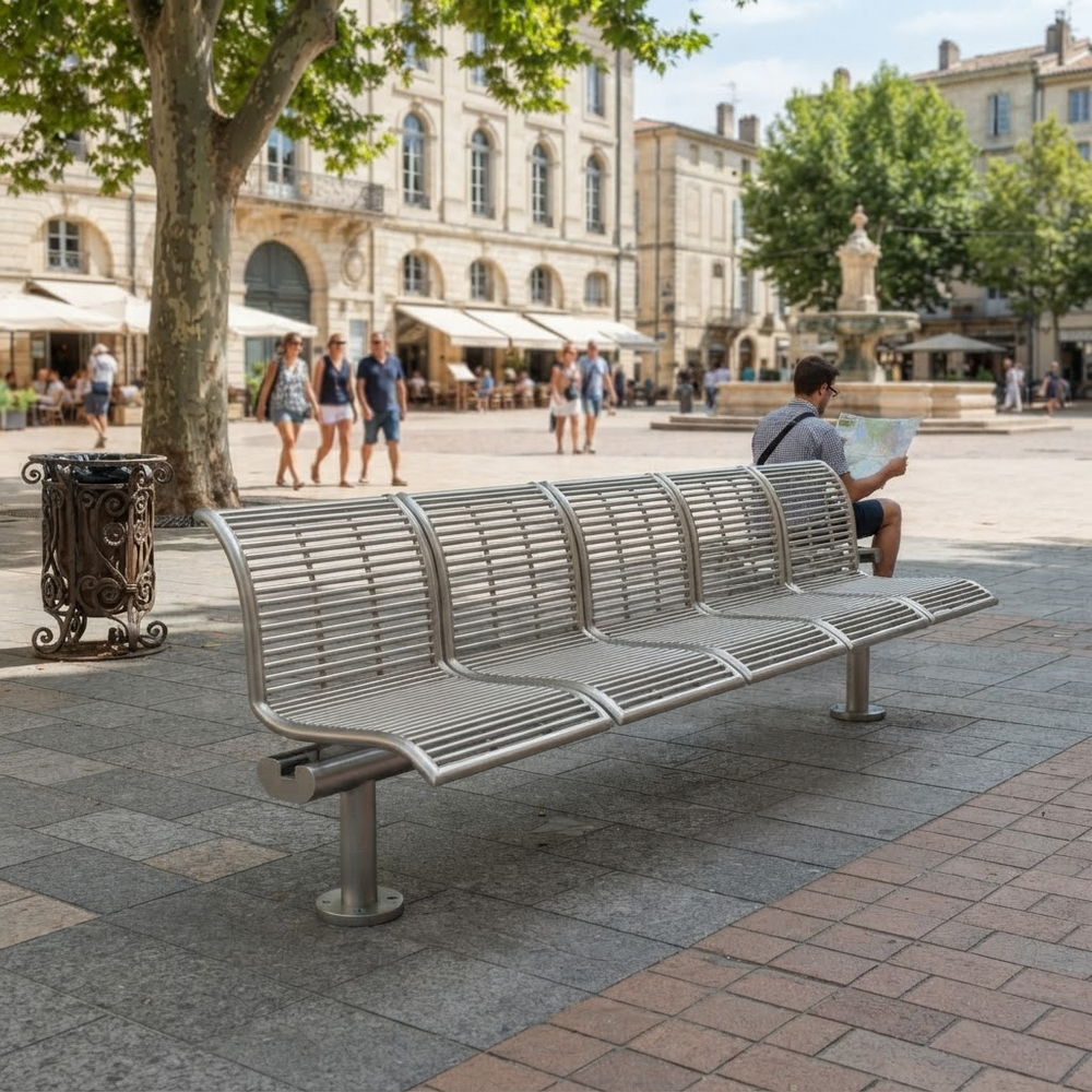 A modern stainless steel park bench with a curved slatted design, situated in a paved public square with people and historic buildings in the background.