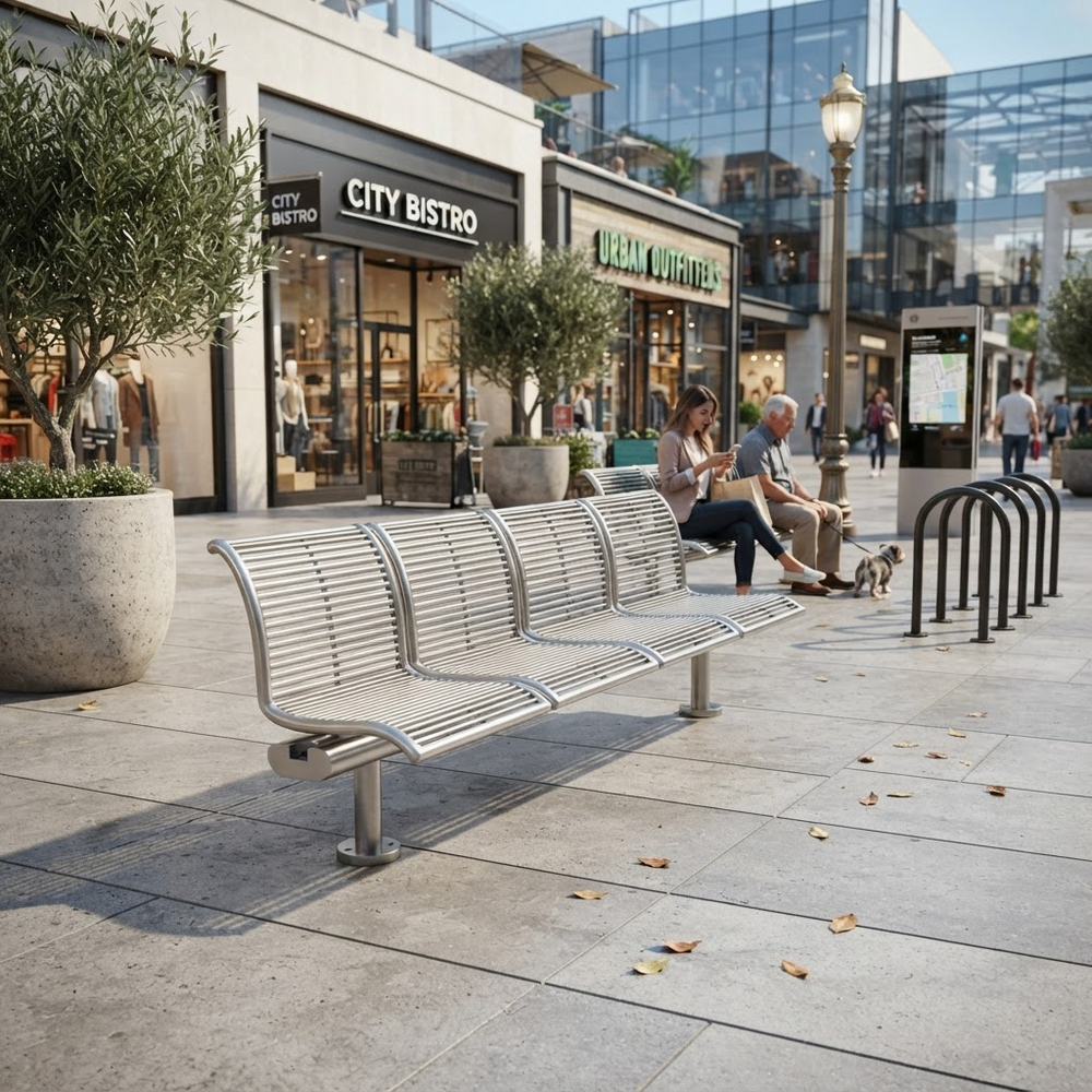 A modern stainless steel outdoor bench with a curved three-seater design, situated on a paved plaza in a shopping center. In the background, people are seated on a bench near storefronts, and the scene is illuminated by bright daylight.