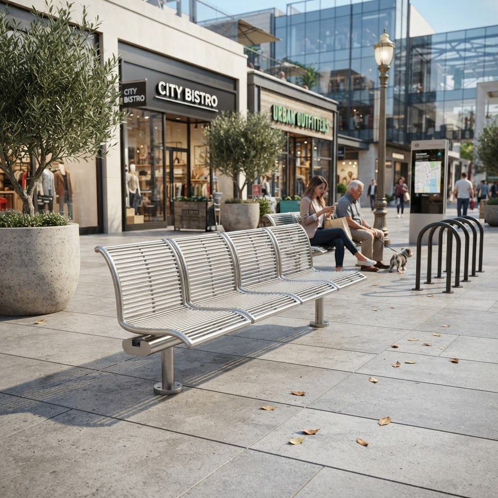 A modern stainless steel outdoor bench with a curved three-seater design, situated on a paved plaza in a shopping center. In the background, people are seated on a bench near storefronts, and the scene is illuminated by bright daylight.