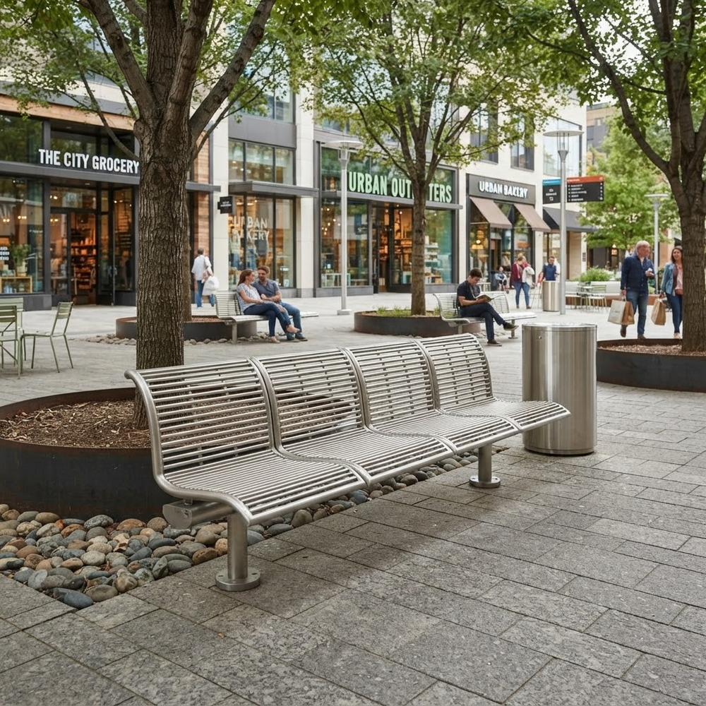 A modern three-seat stainless steel park bench in an outdoor urban plaza, shown with a matching cylindrical metal trash can and stone planters in a city setting with storefronts in the background.