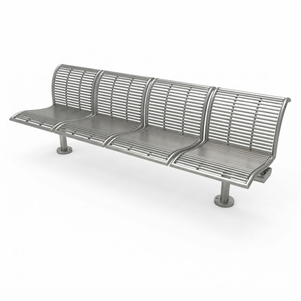 A modern three-seat metal waiting bench with a slatted backrest and seat, shown at an angle on a plain white background.