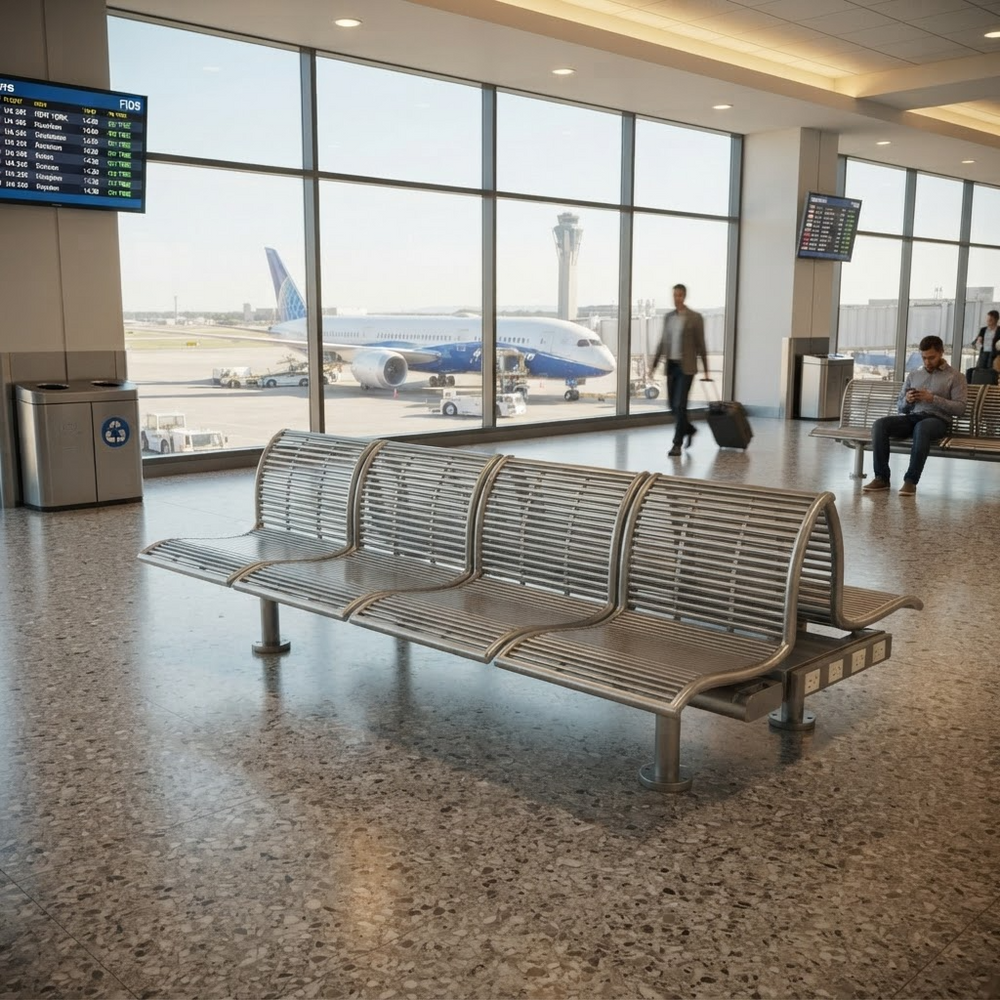 A modern metal airport waiting area with a curved bench in the foreground, large windows showing an airplane outside, and a few travelers seated nearby.