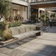 A modern three-seat stainless steel bench with a matching metal trash can stands on a paved outdoor plaza in front of a retail storefront. The scene includes people sitting and walking, potted plants, a bicycle, and a building sign reading 'CITYSIDE PLAZA RETAIL TERRACE'.
