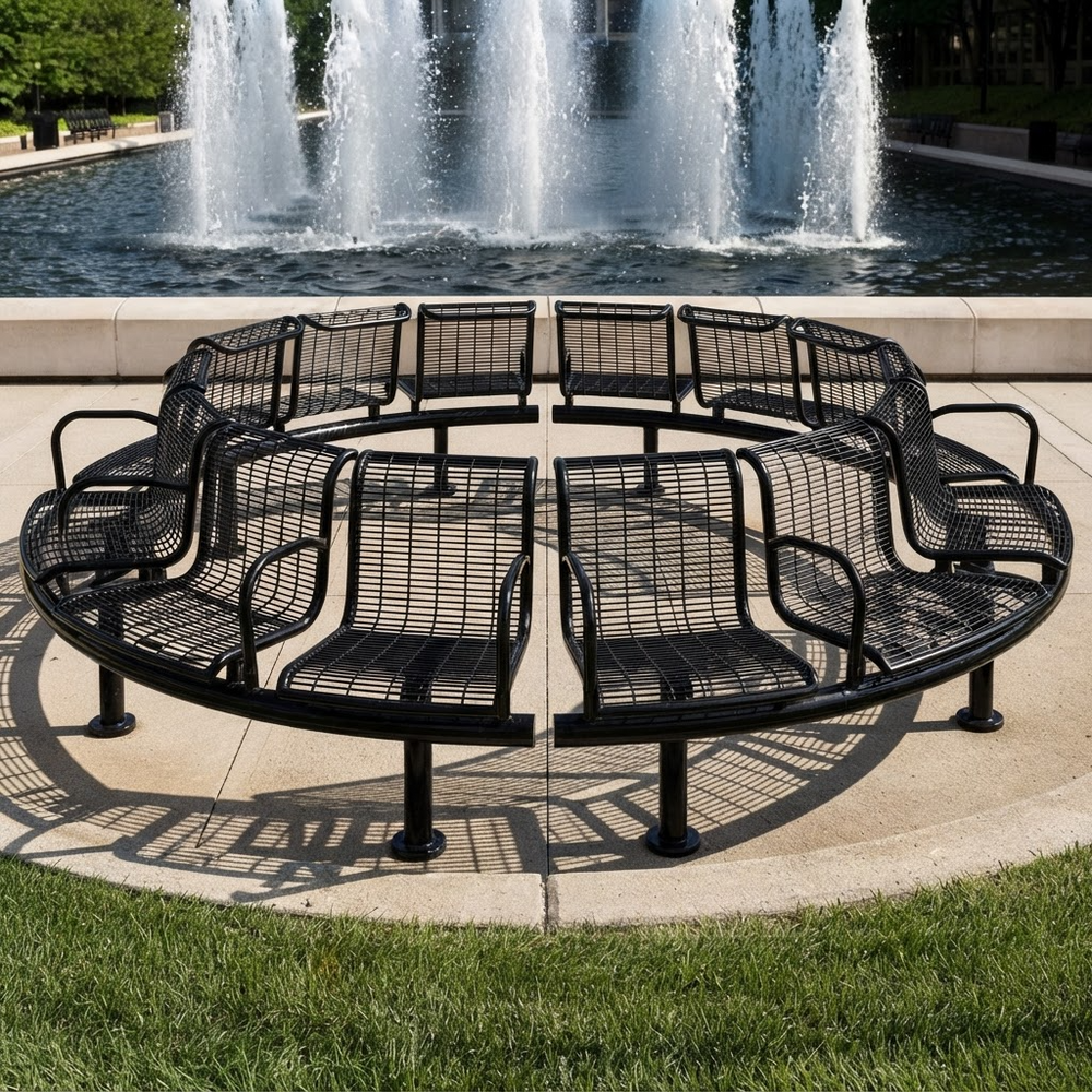 A circular black metal mesh bench seating area with multiple curved seats arranged in a ring on a concrete plaza, with a fountain and green lawn in the background.