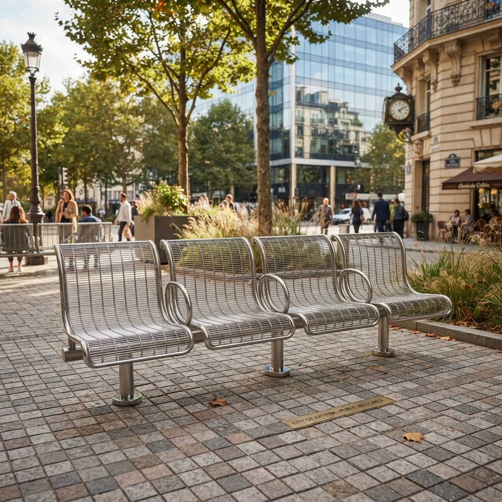 A modern three-seat stainless steel wire mesh bench in an outdoor urban plaza with paved stone flooring, trees, and pedestrians in the background.