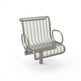 A modern metal waiting-area chair with a wire mesh back and seat, curved armrests, and a single central support leg, shown on a plain white background.
