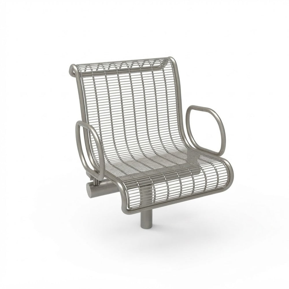 A modern metal waiting-area chair with a wire mesh back and seat, curved armrests, and a single central support leg, shown on a plain white background.