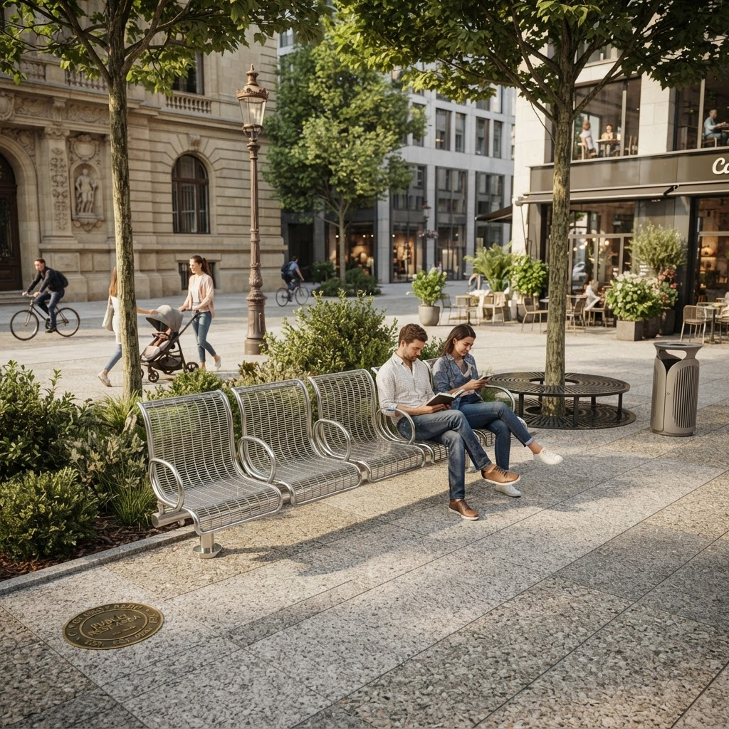 A couple sits on a modern curved metal bench in a tree-lined urban plaza, reading a book. The scene includes other pedestrians, storefronts, lampposts, and a trash can in the background.