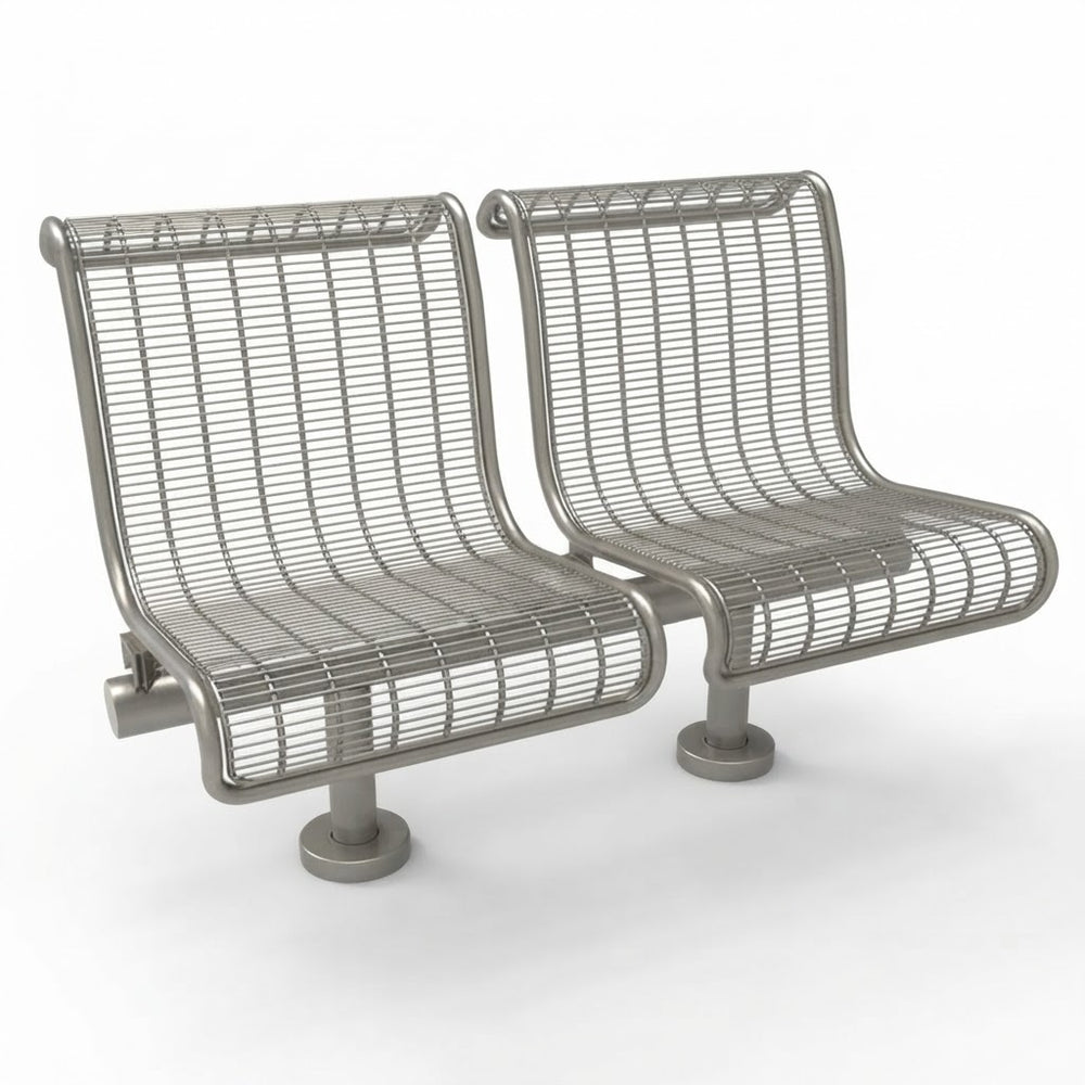 A pair of modern metal waiting-area chairs with wire mesh seats and backs on a light gray background.
