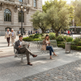 A modern stainless steel wire mesh bench in an outdoor urban plaza, with a man reading a newspaper on one side and a woman sitting on the other. The background features a historic stone building, trees, and other pedestrians.