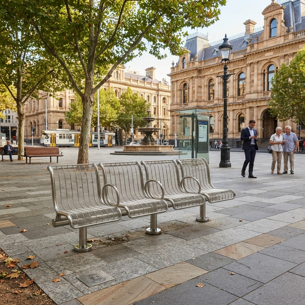 A modern stainless steel multi-seater bench with integrated armrests in a paved public square, with historic sandstone buildings, trees, and pedestrians in the background.