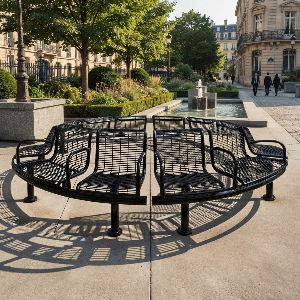 A curved black metal bench with multiple seat sections arranged in a semi-circle in an outdoor urban plaza with trees, buildings, and a fountain in the background.