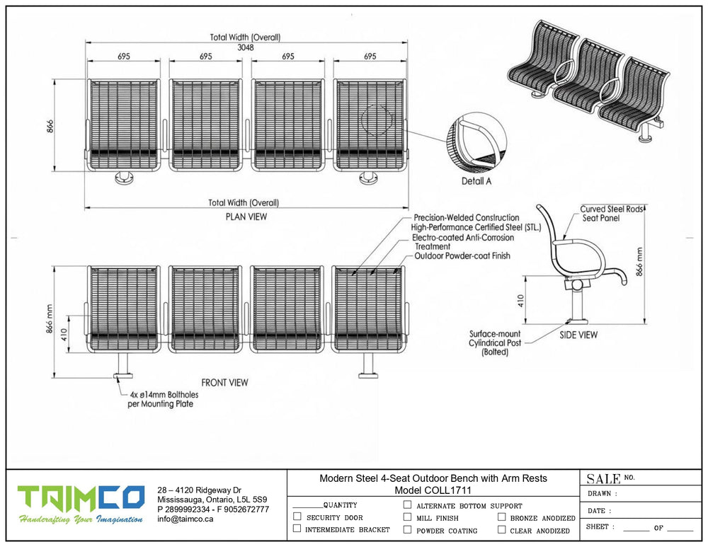 Technical specification sheet and dimension drawing for a modern steel 4-seat outdoor bench with arm rests, showing front and side views, measurements, and material details on a white background with the Trimco logo at the bottom.