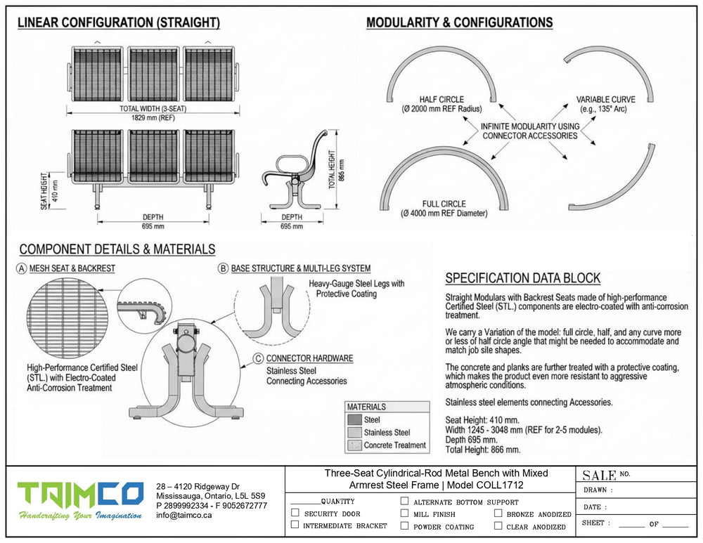 Technical specification and configuration diagram for a Taimco Three-Seat Cylinder-Root Metal Bench with Mixed Armored Steel and Stainless Steel components, showing dimensions, materials, and configuration options.