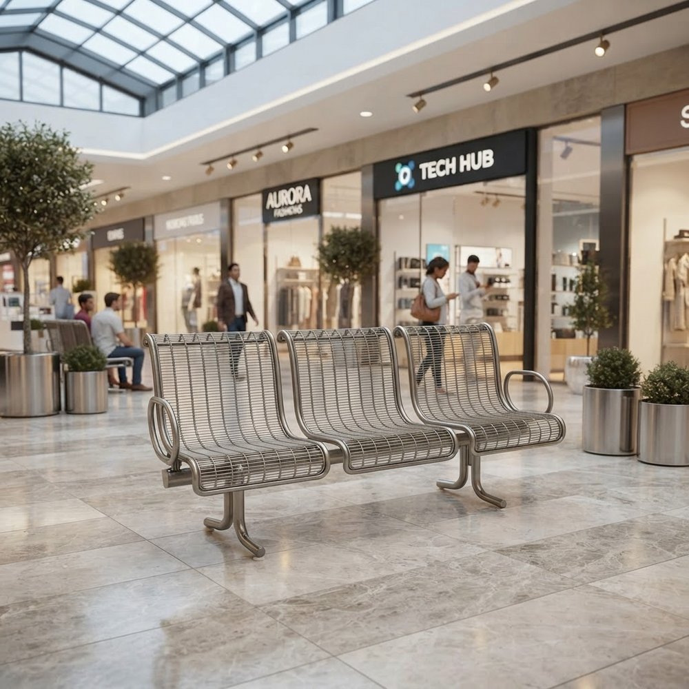 A modern three-person metal waiting bench with a wire mesh back and seat, situated in a clean, upscale shopping mall corridor with tiled floors and store storefronts in the background.