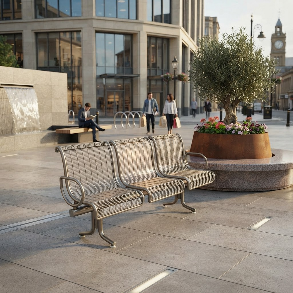 A modern three-seater metal bench with a wire mesh back and seat, shown in an outdoor urban plaza with people walking and a large planter nearby.