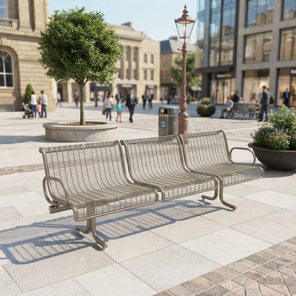 A three-seater metal mesh bench in a modern urban plaza setting, with a blurred background of pedestrians, trees, and buildings.