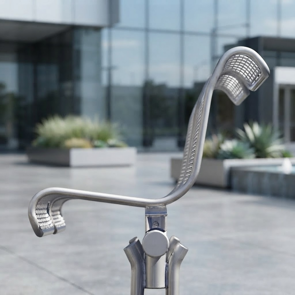 A close-up of a metallic silver adjustable shower head mounted on a stand, set against a blurred outdoor patio background with glass buildings and plants.