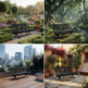 A four-panel collage showing black metal garden benches in different outdoor settings: a formal garden with a gazebo, a wooded path beside a stream, a rooftop terrace with city skyline, and a patio beside a flower-covered building.