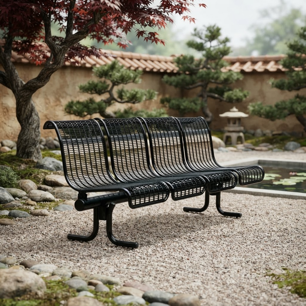 A black metal park bench with a slatted, curved back and seat, situated in a serene Japanese-style garden with gravel, trees, and a stone lantern.