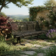 A dark metal garden bench with a woven backrest sits on a stone patio in a lush, sunlit garden with stone walls, climbing plants, and purple flowers.