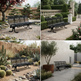 A four-panel collage showing a black metal park bench in different outdoor settings: a garden courtyard, a stone walkway with hedges, a desert garden with cacti, and beside a modern stucco wall with a tree.