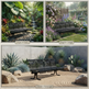 Three-panel collage showing the same black metal garden bench in different styled outdoor settings: a tropical oasis with palm leaves and a waterfall, an English cottage garden with flowers, and a modern xeriscape with cacti and gravel. Each panel includes a small label naming the setting.