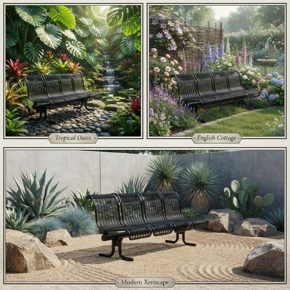 Three-panel collage showing the same black metal garden bench in different styled outdoor settings: a tropical oasis with palm leaves and a waterfall, an English cottage garden with flowers, and a modern xeriscape with cacti and gravel. Each panel includes a small label naming the setting.