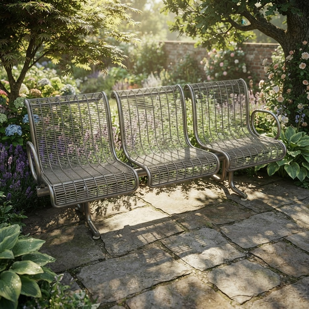 A three-seater metal garden bench with a woven wire back and seat, shown outdoors on a stone patio surrounded by lush green plants and flowers.