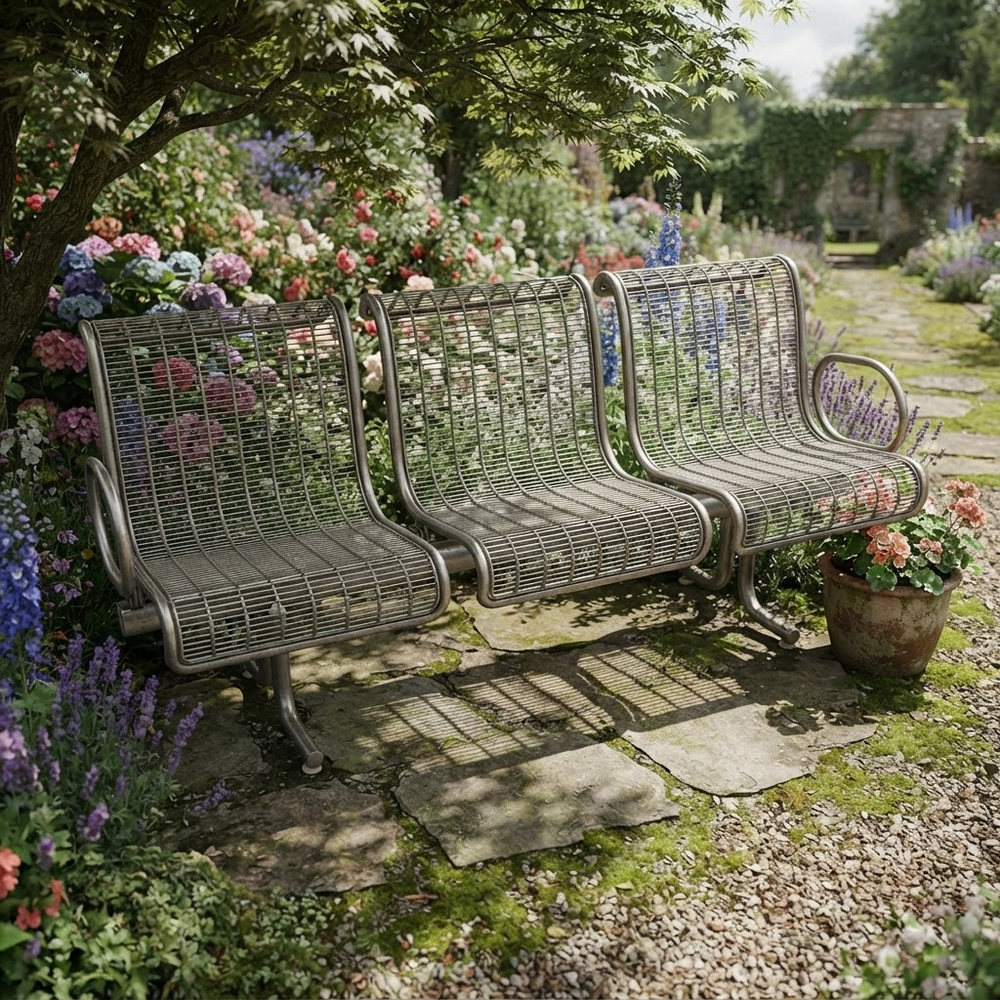 A three-seat garden bench with a woven metal wire frame sits on a stone path in a lush, flower-filled garden under a tree.