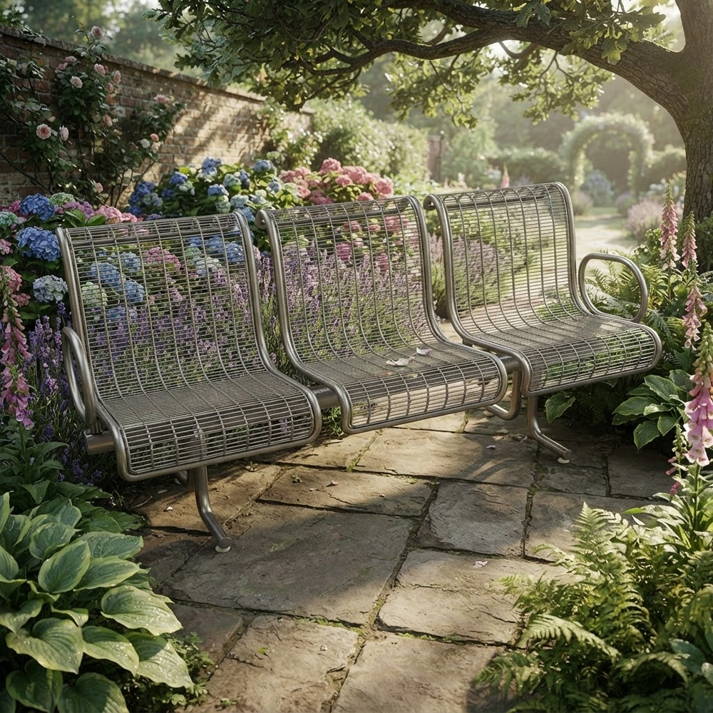 A three-seater metal garden bench with a wire mesh back and seat, shown on a stone path in a lush, sunlit garden with flowers and greenery.