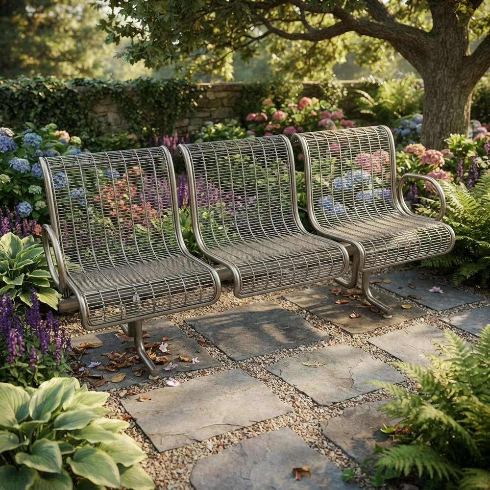 A three-seat metal garden bench with a slatted wire design and curved armrests, placed on a stone path in a lush, sunlit garden with flowers and greenery.