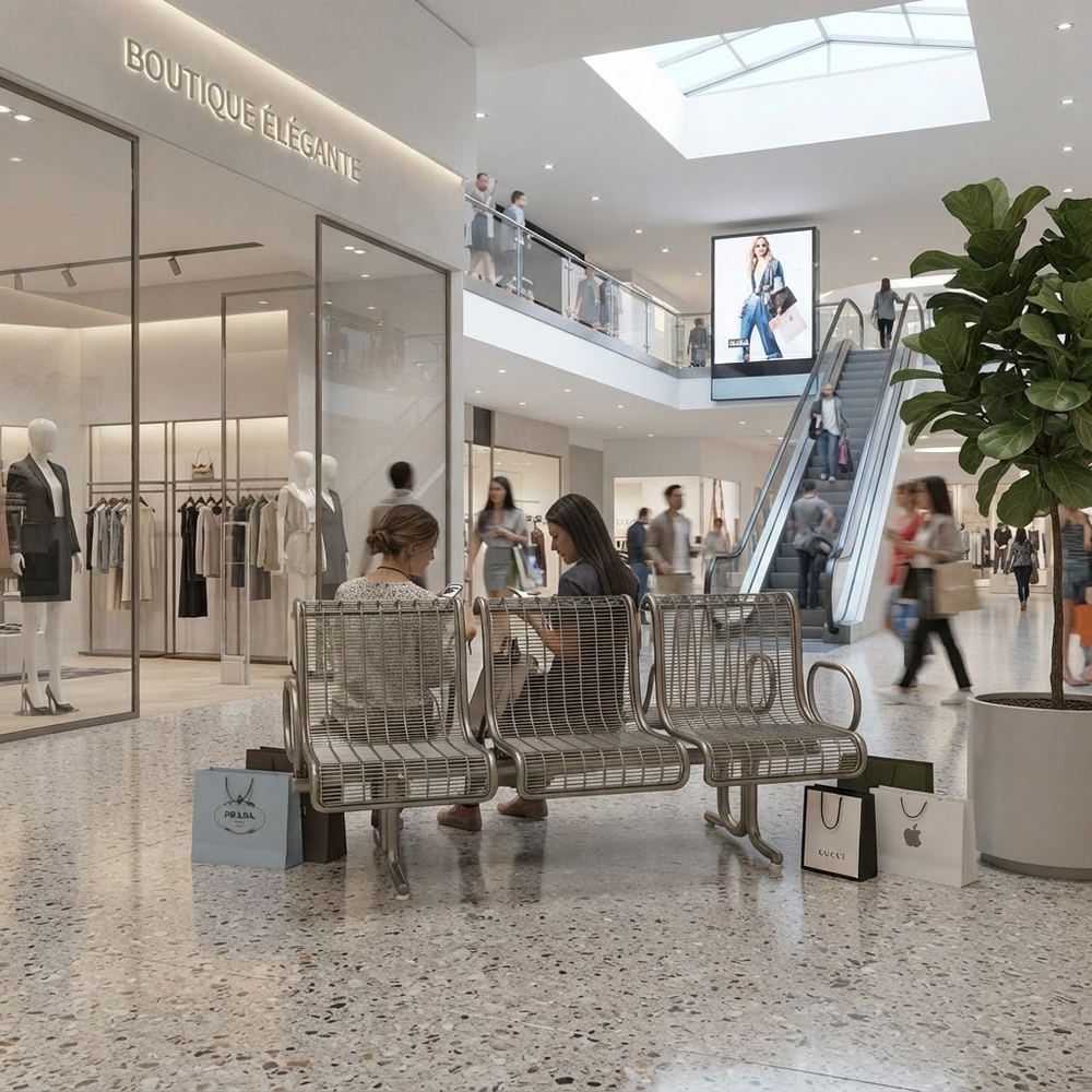 A modern shopping mall interior with a row of metal mesh seating benches on a speckled terrazzo floor. Two women are seated on the benches, surrounded by shopping bags, with a boutique, escalator, and other shoppers in the background.