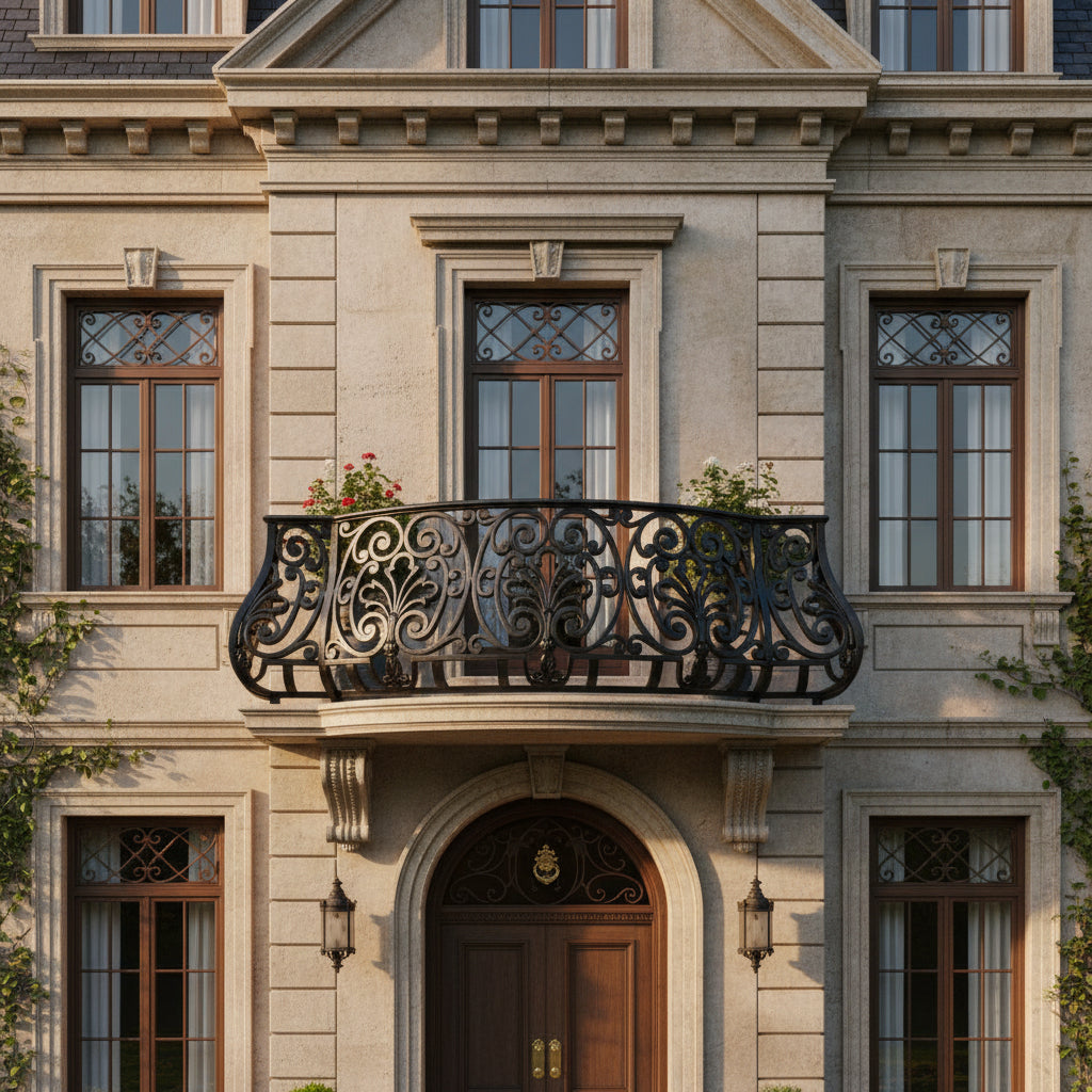 Ornamental Wrought Iron Railing Panel | Handmade Decorative Floral‑Scroll Cast‑Iron Design for Luxury Homes Model # DRP1000