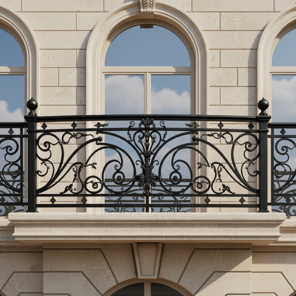 Ornamental Wrought Iron Railing Panel | Handmade Decorative Floral‑Scroll Cast‑Iron Design for Luxury Homes Model # DRP1001