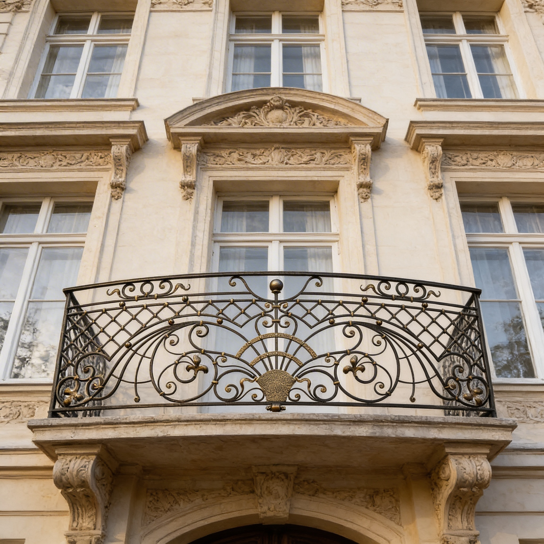 French Wrought Iron Balcony Railing Design - Railing Balcony Panels - Decorative Modern and Heritage Style Rail - Made in Canada - Model # DRP973
