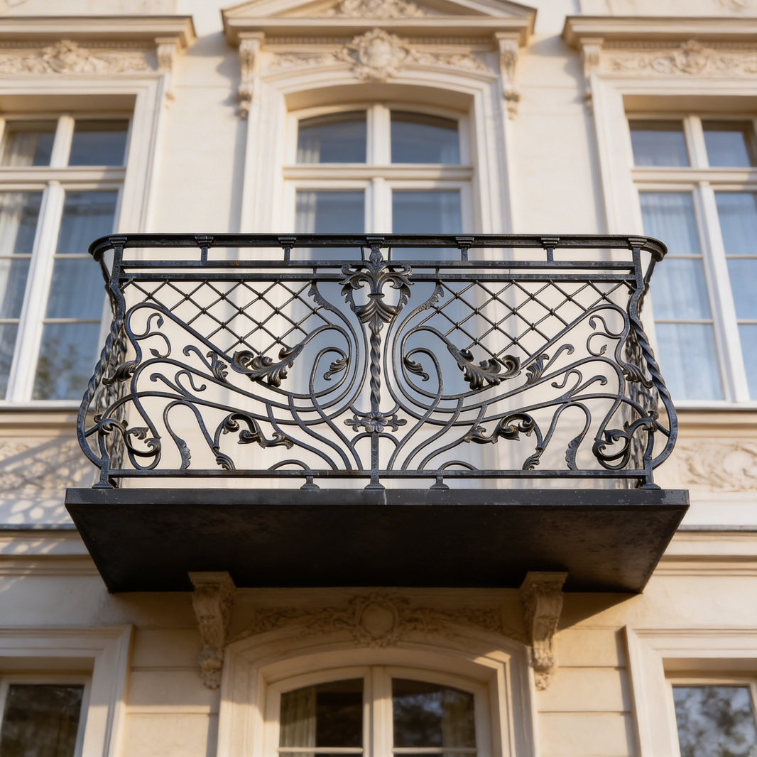 Wrought Iron Balcony Railing Aphrodite Juliet Design - Railing Balcony Panels - Decorative Heritage Style Rail - Made in Canada - Model # DRP974