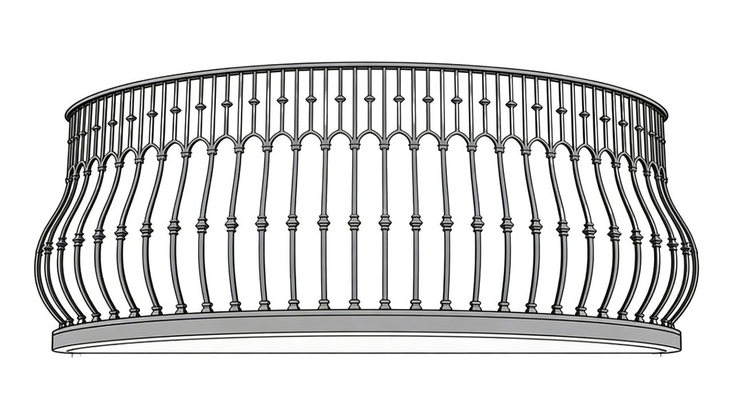 Ornamental Wrought Iron Balcony Railing | Handmade Decorative Gothic‑Arch Juliet Balcony for Luxury Homes - Model # DRP982