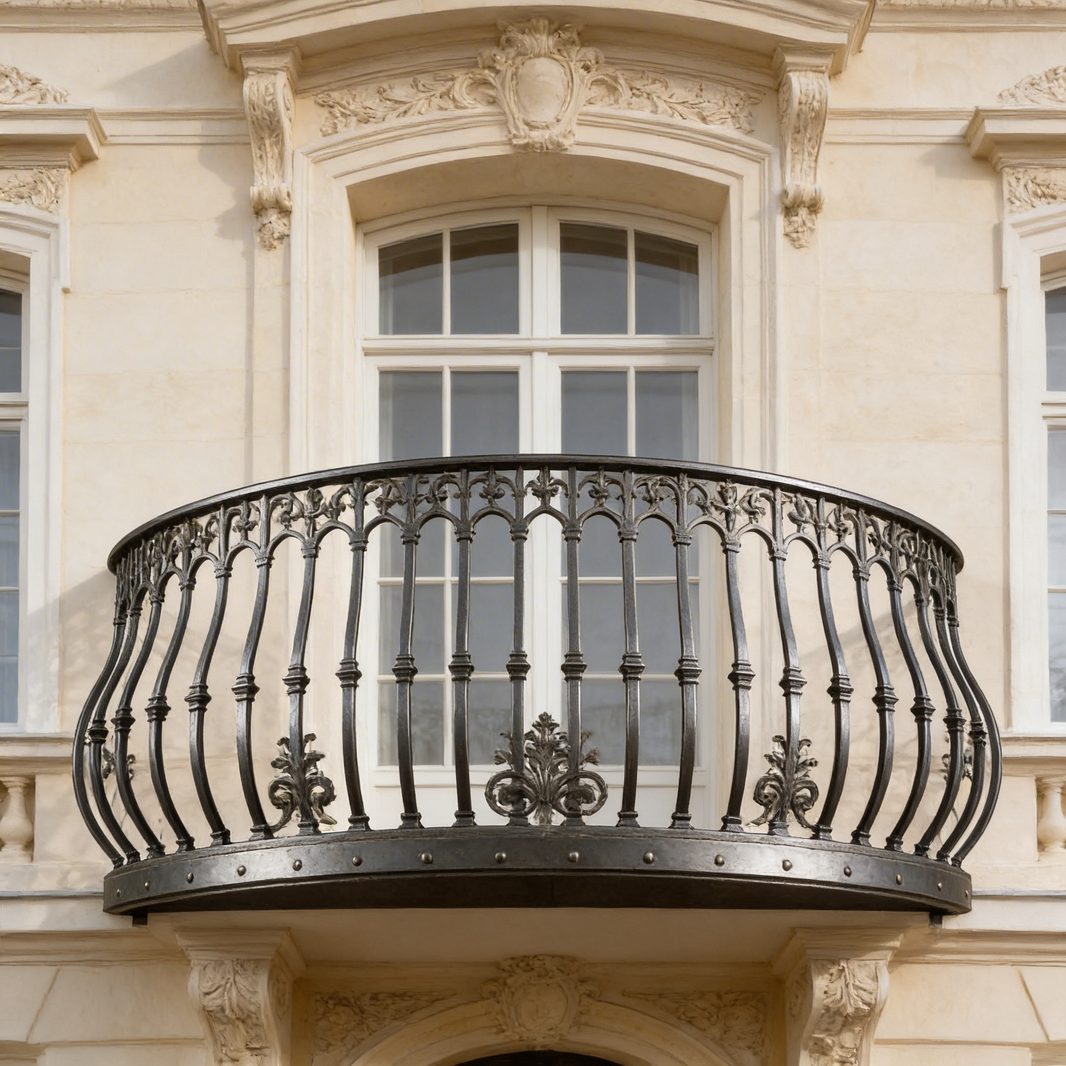 Ornamental Wrought Iron Balcony Railing | Handmade Decorative Gothic‑Arch Juliet Balcony for Luxury Homes - Model # DRP982